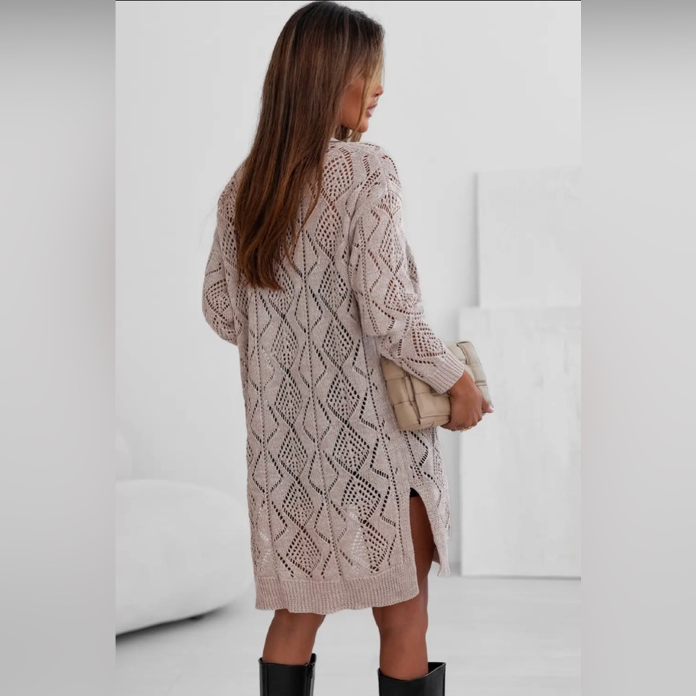 Hallow Out Openwork Knit Cardigan Sweater - Khaki -Multiple Sizes - Picture 3 of 7